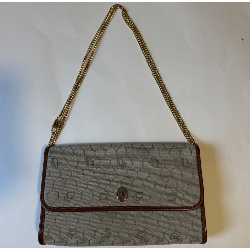 Christian Dior Honeycomb Canvas Chain Shoulder Bag PVC Beige Brown Leather Auth - Picture 2 of 13